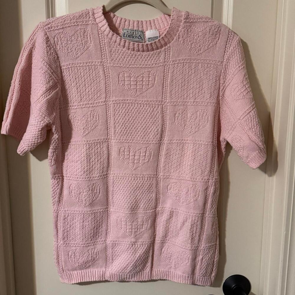 Vintage Short Sleeve Knit Heart Embroidered Sweater